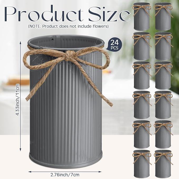 Rustic Vase for Table Centerpieces 4.33 Inch Small Petite Flower Vase with Twine Bow Vintage Farmhouse Decor for Wedding Reception Dining, Home Galvanized Metal Buckets(Gray,24 Pcs)