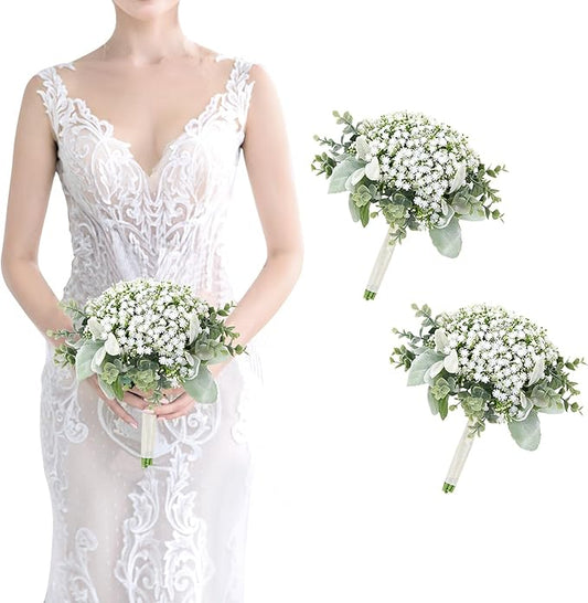 Artificial Babys Breath Bridesmaids Bouquets Set of 2-7 Inch White Fake Gypsophila Bouquet for Bridesmaid, Real Touch Small Bouquet for Bridesmaids Wedding Bridal Shower Centerpieces