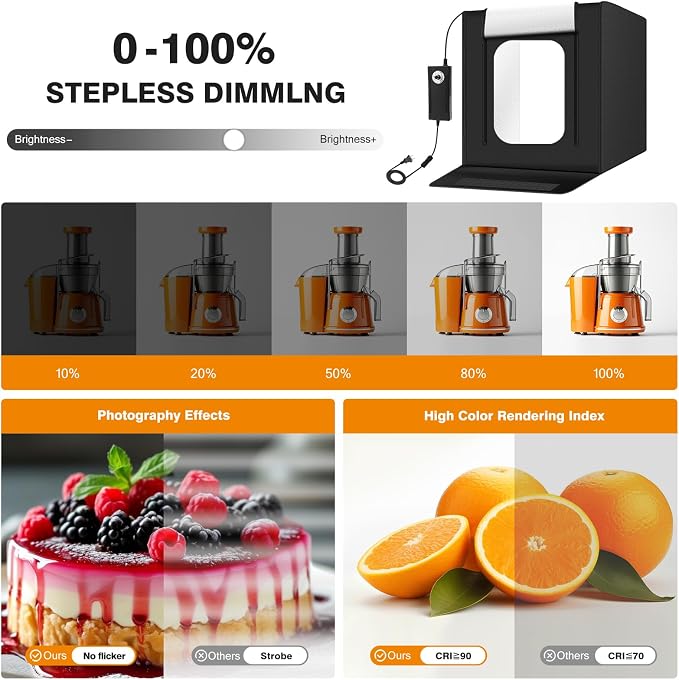 Light Box Photography 24"x24" with 120LED Lights and 4 Color Backdrops Photo Box with Lights, Foldable Light Box with Adjustable Brightness, 6000-6500K Dimmable Portable Picture Box Shooting