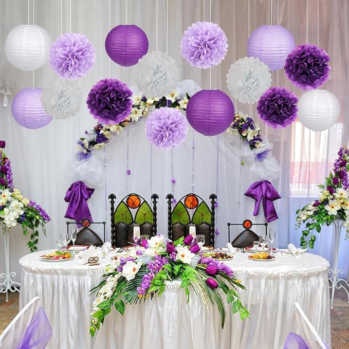 zilue Purple Party Decorations, Paper Lanterns and Pom Poms Flowers for Birthday Party Baby Shower Bachelorette Decor Purple Pack of 15 Pieces