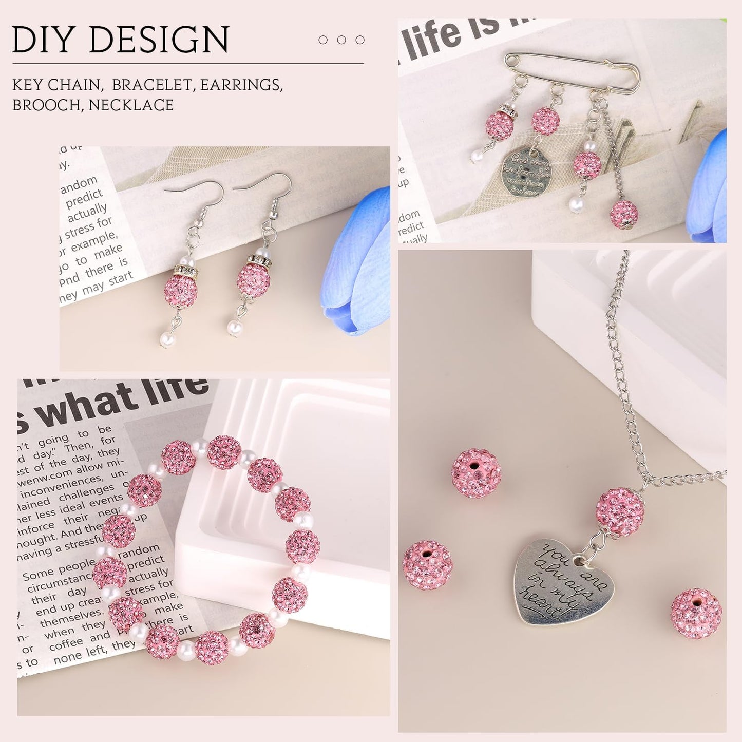 100 pcs 10mm Rhinestone Beads for Jewelry Making, Pink Shiny Round Shamballa Disco Beads Bulk, Sparkle Crystal Clay Christmas for Bracelet Baseball Necklace Earring Crafting and DIY