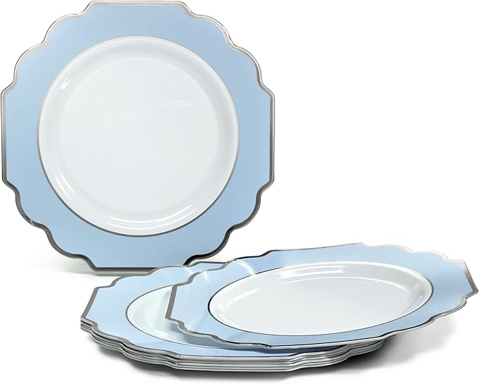 OCCASIONS 240 Heavyweight Disposable Plastic Plates (120 Guests) - Fancy Wedding Party Dinnerware, 120 Each 10.5" Dinner & 8" Dessert (Imperial in White/Blue & Silver)