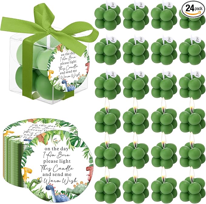 MTLEE 24 Sets Dinosaur Baby Shower Favors Small Bubble Candle Baby Shower Favors for Guests Tea Candles Bulk with Stylish Ribbons Cards Gifts Party Decoration(Army Green,Dinosaur)