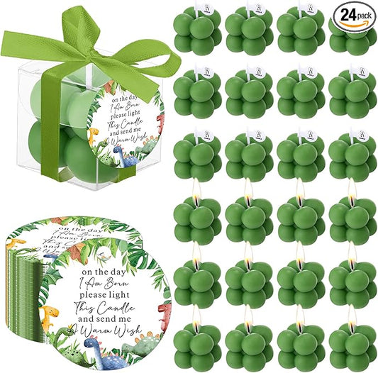 MTLEE 24 Sets Dinosaur Baby Shower Favors Small Bubble Candle Baby Shower Favors for Guests Tea Candles Bulk with Stylish Ribbons Cards Gifts Party Decoration(Army Green,Dinosaur)