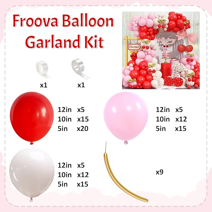 Cherry Balloon Garland Arch Kit, 115pcs Red and Pastel Pink White Metallic Gold Long Latex Balloons for Birthday Baby Shower Wedding Valentines Day Anniversary Cherry on Top Party Decorations