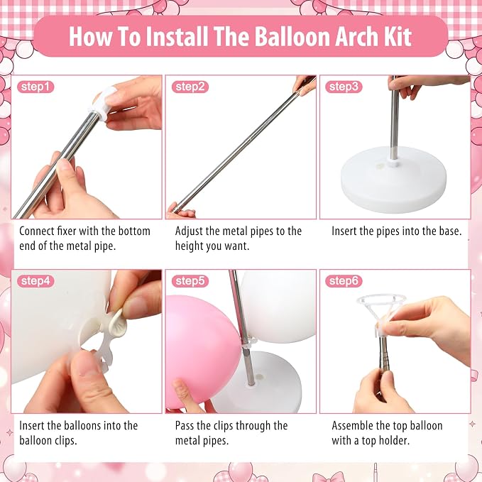 Lunmon 160 Pcs Pink Gingham Decorations Coquette Birthday Decor Include 7.2 ft Arch Backdrop Covers Large Bows Coquette Gingham Tablecloth 120 Pink and White Balloons and Balloon Stand Clips