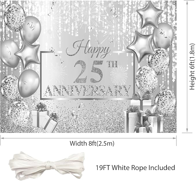 AOFOTO Happy 25th Anniversary Backdrop Glitter Grey Spots Ballons Printed Photography Background 25 Years Wedding Anniversary Party Home Wall Decor Supplies Banner Portrait Photo Studio Props 8x6ft