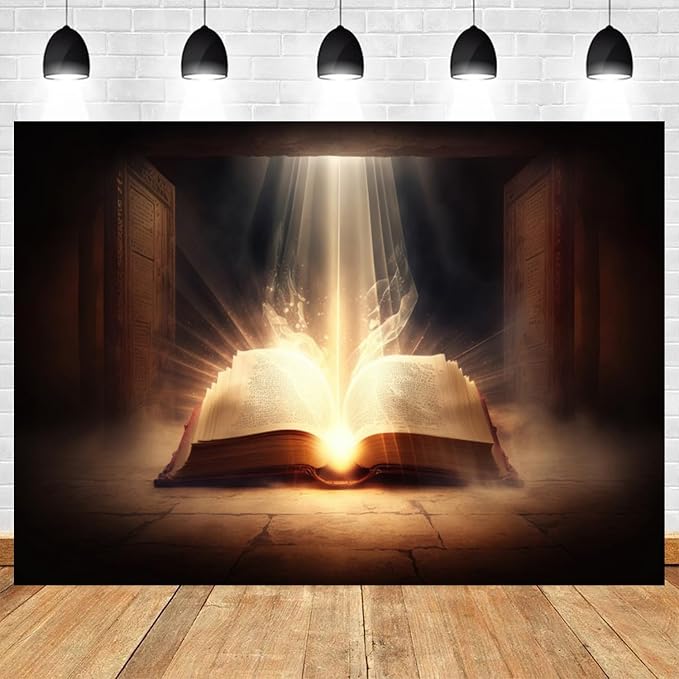 15x8ft Bible Backdrop Holy Glowing Opened Book Photography Background Jesus Christ Christian Religious Belief Church Sanctuary Baby Shower Banner Decorations Easter Portrait Photo Booth Prop