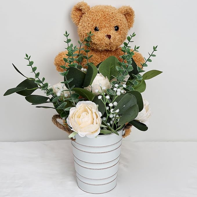 Artificial Flowers in Pot - 10 Inches Pre-Made Large Faux Silk Rose Floral Greenery Table Centerpieces with Rustic Tall Metal Vase for Farmhouse Home Decoration - Champagne