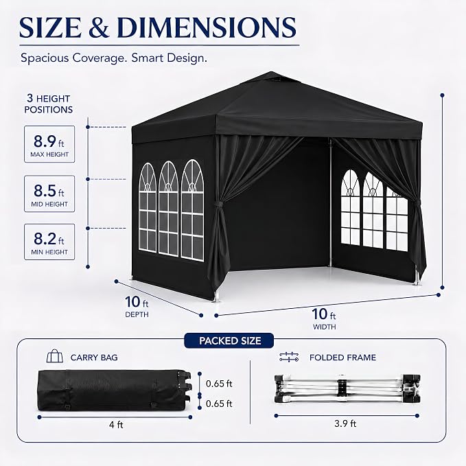 10x10 Pop Up Canopy with Sidewalls- Portable Sun Shade Beach Tent, Gazebo Heavy Duty with Cover Wheeled Bag, Ideal for Parties, Backyard, Camping (Black)
