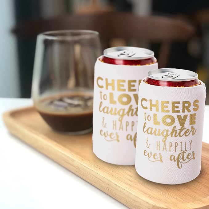 Wedding Can Cooler Decorations Set of 12 - Cheers to Love Laughter and Happily Ever After, Wedding Rehearsal Dinner Decorations - Bridal Showers, Engagement Party Favors for Guests and Supplies