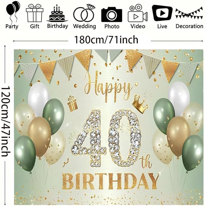 Sage Green Happy 40th Birthday Backdrop Green Gold Balloons Gold Glitter Dots Background Anniversary Decorations 40th Birthday Sign for Men Women Cake Table Supplles(B, 6X4FT)
