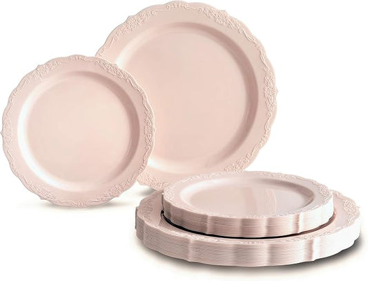 " OCCASIONS " 240 Plates Pack,(120 Guests) Vintage Wedding Party Disposable Plastic Plates Set -120 x 10'' Dinner + 120 x 7.5'' Salad / Dessert (Verona in Blush / Antique Rose)