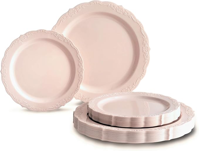 " OCCASIONS " 50 Plates Pack (25 Guests)-Vintage Wedding Party Disposable Plastic Plate Set -25 x 10'' Dinner + 25 x 7.5'' Salad/Dessert plates (Verona Blush Pink/Antique Rose)