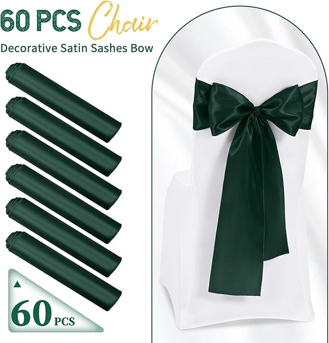 60 PCS Emerald Green Satin Chair Sashes, Ties Bows Designed Chairs Decorative, Chair Cover Sashes for Thanksgiving Wedding Christmas Banquet Party Home Kitchen Decoration (7 x 108 inch)