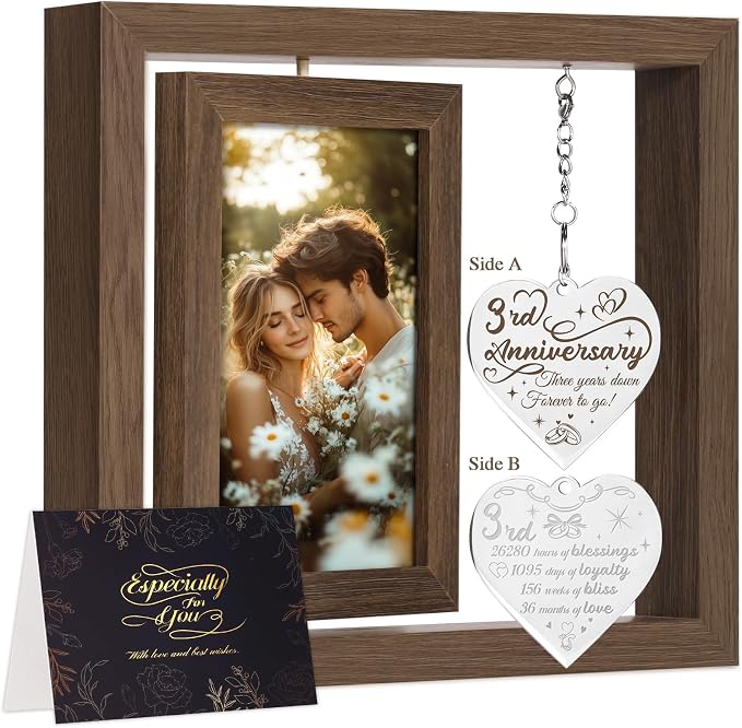 3 Year Anniversary Picture Frame Gifts for Him Her Couple Men Women Husband Wife Boyfriend Girlfriend, 3rd Anniversary Wood Gifts, Best Three Third Year Gift Decorations