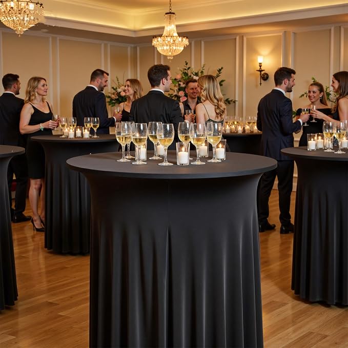 6 pk Black Cocktail Table Cloth Round 36×43in-High Top Highboy Bar Cocktail Tablecloths-Wrinkle Free Stretchy Fitted Spandex Table Covers with Ruffle Desk Skirt for Wedding Banquet Party Tables
