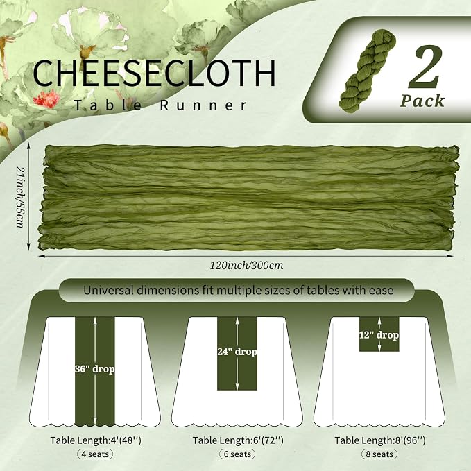 2 Pack Cheesecloth Table Runner 10FT Olive Green Table Runner Boho Gauze Cheese Cloth Table Runners Long Rustic Sheer Table Decorations for Wedding Party Baby Bridal Shower Birthday Holiday Home