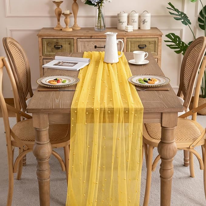 BINBE Pearl Table Runner Spring Summer Rustic Boho 10ft Tulle Table Runner for Baby Shower Wedding Veil Holiday Dessert Table Decor Yellow