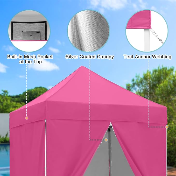 5x5 Pop Up Canopy Tent with Four Sidewalls, Instant Portable Beach Canopy, Outdoor Tent with Carry Bag for Camping, Sports, Tailgating, Events, Pink