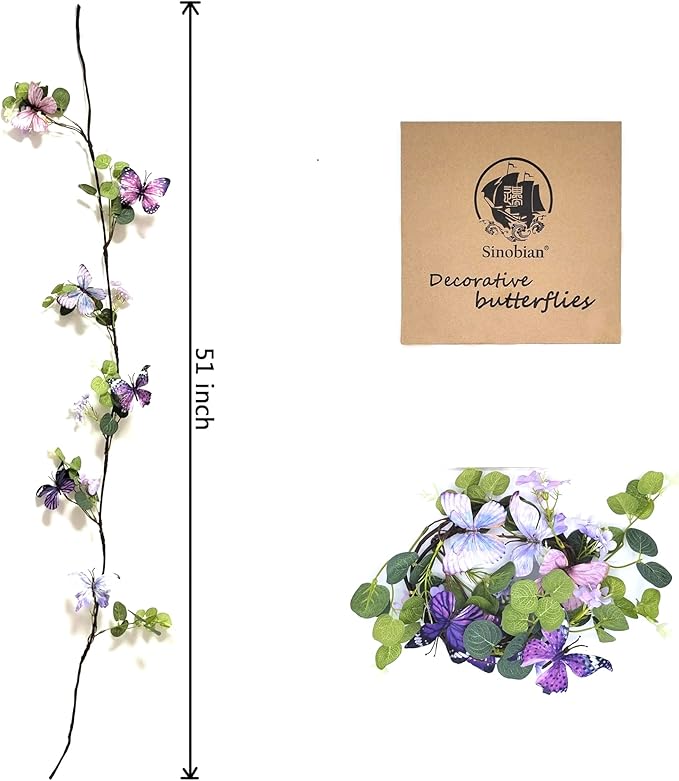 Artificial Butterfly Garland, Fake Flower Vines, Butterfly Hanging Decorations for Crafts, 3D Decorative Butterflies Wall Decor for Easter Spring Wedding Party Ceiling Room. (Purple Garland)