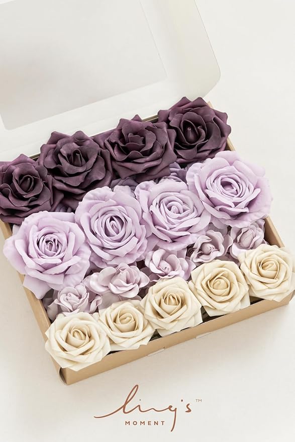 Ling's moment Artificial Flowers Fake Silk Roses Faux Foam Gardenia Combo for DIY Wedding Bouquets Centerpieces Arrangements Bridal Shower Party Home Decorations, Purple & Pale Lavender, 23pcs
