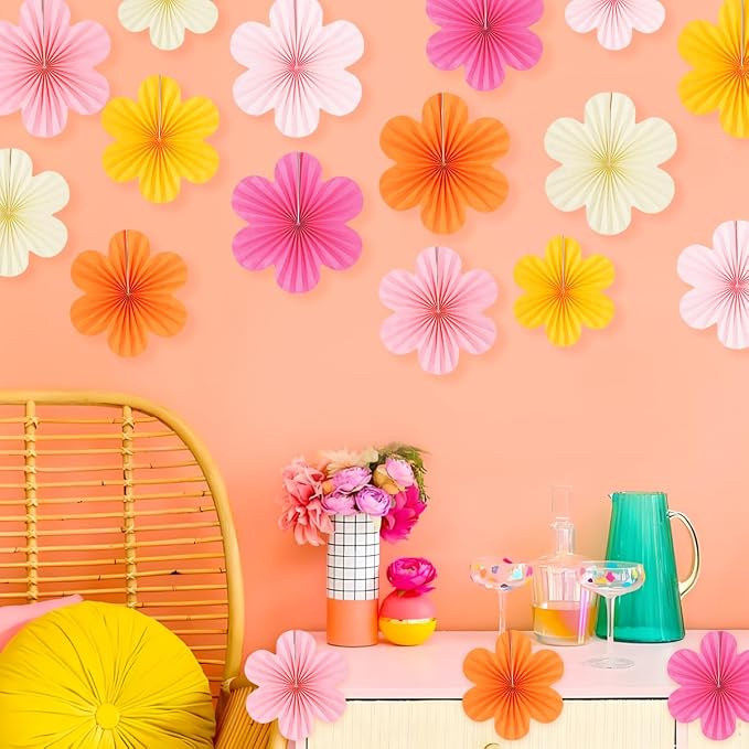 DODOKIM Paper Fans Party Decorations Paper Flowers Decorations for Wall Floral Backdrop Classroom Baby Shower Birthday Party Flower Wall Decor Pack of 18 Pink Orange Yellow