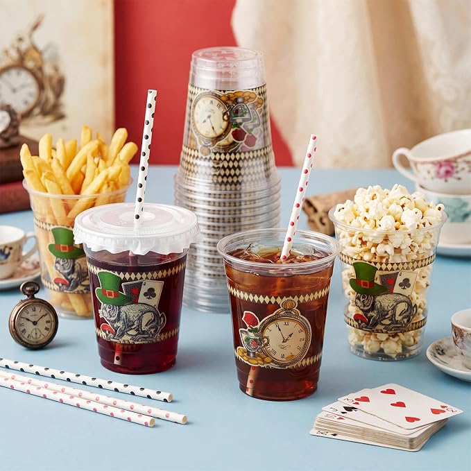 FoldTier 50 Pack Wonderland Themed Party Cups with Lids and Straws 12 oz Disposable Plastic Cups Retro Rabbit Pocket Watch Pattern Vintage Drinkware Supplies for Birthday Tea Party Baby Shower