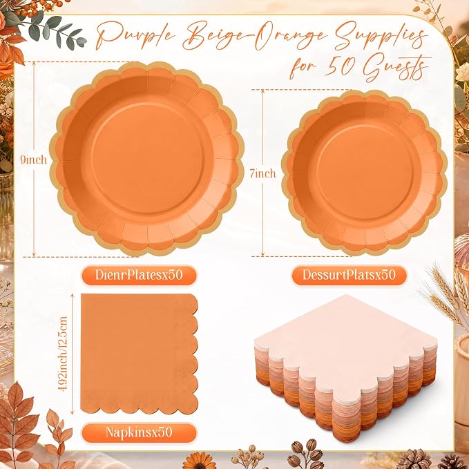 Zhehao 150 Pcs Fall Beige Orange Plates and Napkins Tableware Serves 50 Includes 9 Inch 7 Inch Beige and Orange Scalloped Wave Edges Paper Plate and Napkins for Wedding Birthday Baby Shower Party