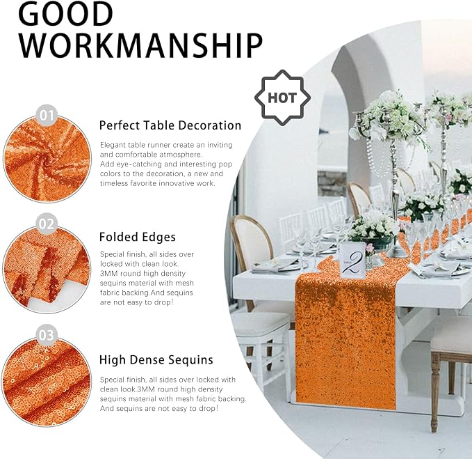 10 Packs 12 x 72 inches Orange Sequin Table Runner, Glitter Runner for Birthday Party Supplies Wedding Holiday Celebration Baby Shower Engagement Anniversary Decor