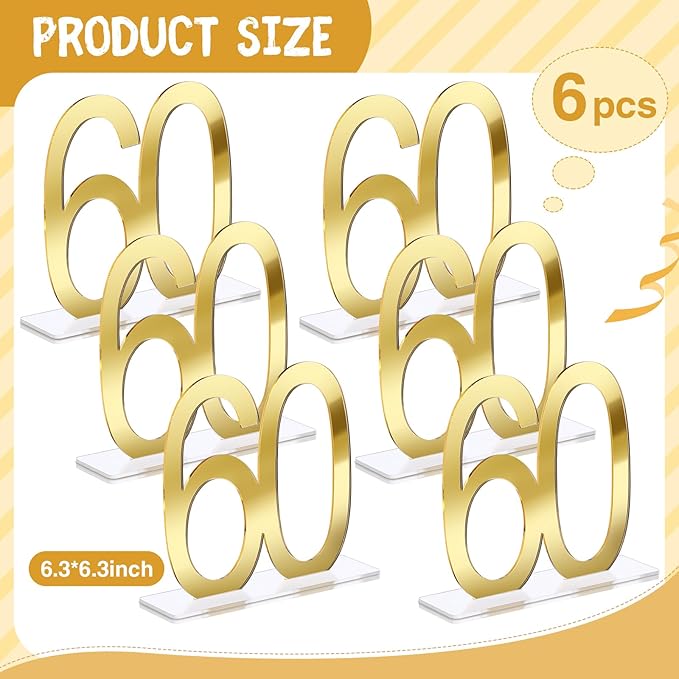 Threehoney 6 Pcs Mirror Gold 60th Birthday Decorations for Men and Women Acrylic Anniversary Decorations Table Numbers Centerpieces for Birthday Party