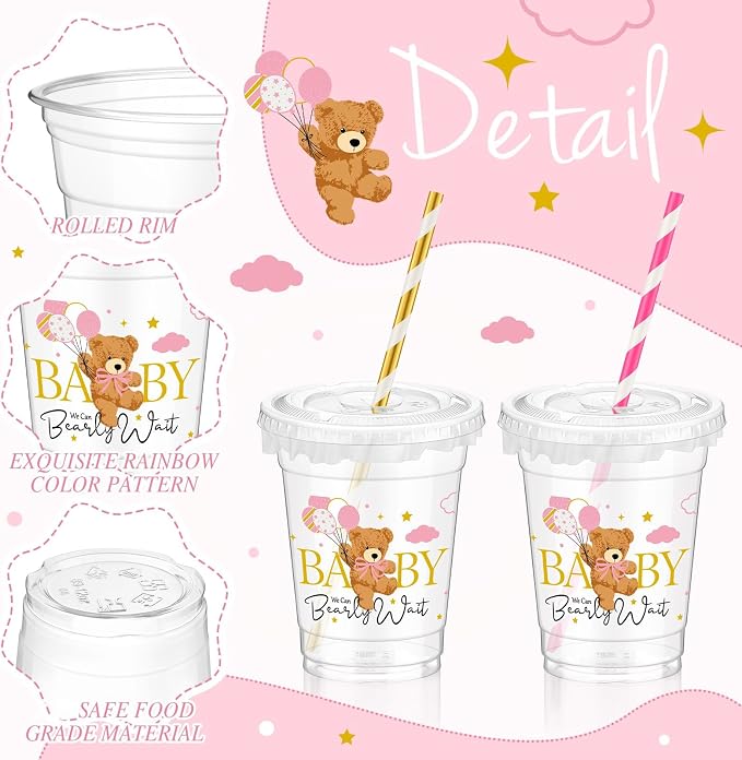 FoldTier 50 Pcs Baby Shower Party Supplies Disposable Plastic Cup 12 Oz Pink Cups Bear Thick Clear Cup Lids Straws Baby Shower Pink Table Decorations Party Favors