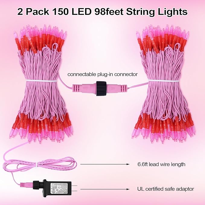 Christmas Lights - 98ft 2 Pack 150 Count Connectable Waterproof Led Fairy Lights Bulbs for Indoor Outdoor Christmas Tree Wedding Valentine's Day Decor (Pink, 150 Count - 2 Pack)