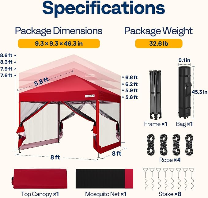 VIVOHOME 8x8ft Easy Pop-Up Canopy, Outdoor Screen Tent with Mosquito Netting, 2 Zipper Doors, and Roller Bag for Yard Camping Picnic Party Events, Red