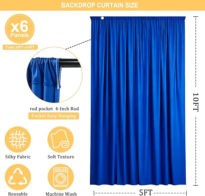 Gallety Royal Blue Backdrop Curtain for Wedding, Polyester Photography Backdrop Drapes - 30FT x 10FT Photobooth Backdrop Curtains for Celebration,Birthday,Event,Graduation Party Decorations