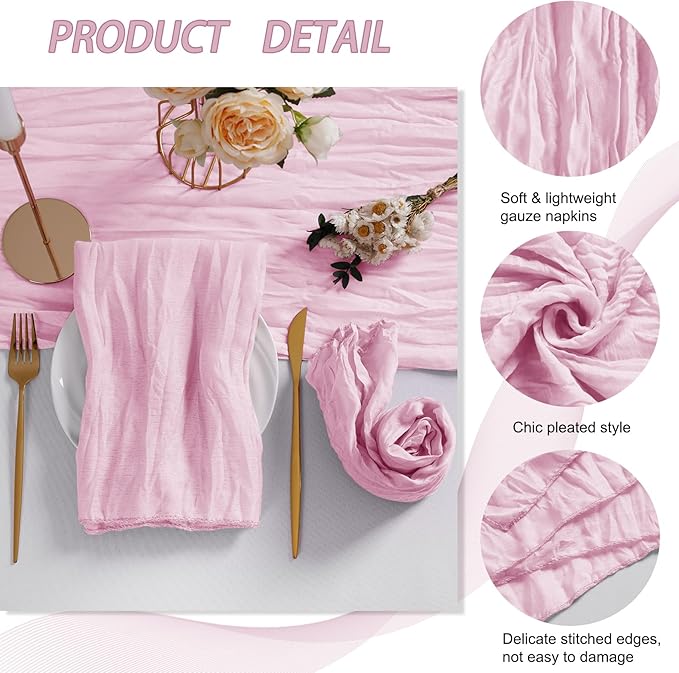 LZY 60 Pack Gauze Cheesecloth Napkins 20x20 Inch Dinner Cloth Napkins, Soft Boho Table Napkins Rustic Wrinkled Cheese Cloth Napkins Bulk for Wedding Party Baby Shower Event Decor (Pink)