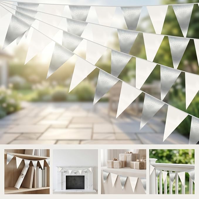130FT White Silver Triangle Pennant Banner Flag Metallic Fabric Bunting Garland for Christmas Graduation Birthday Wedding Bridal Shower Nautical Ahoy Achor Theme Party Decorations Supplies