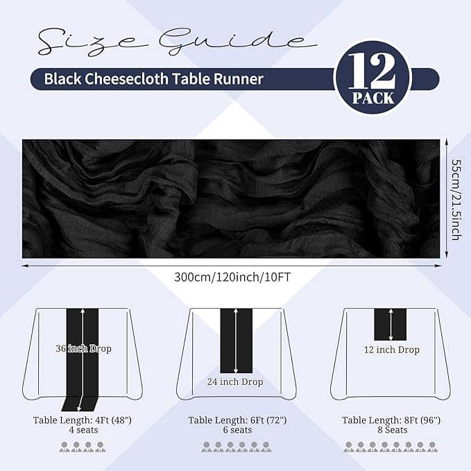 12 Pack Black Cheesecloth Table Runner 120 inch Fall Thanksgiving Boho Rustic Gauze Farmhouse 10FT Cheese Cloth Runner for Baby Shower Wedding Party Holiday Home Decor