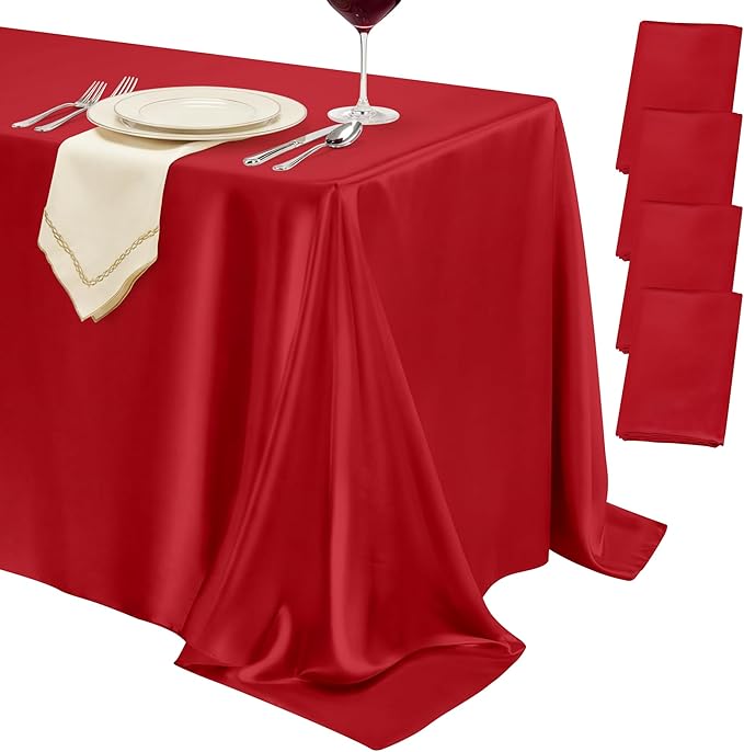 4 Pack Red Satin Tablecloth 58 x 102 Inches, Rectangular Satin Table Cloths for Wedding Reception, Birthday Party, Graduation & Holiday Banquet Tables