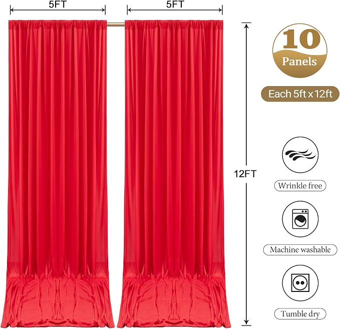 50ftx12ft Wrinkle Free Red Backdrop Curtain, 10 Panels 12FT Long Wedding Photo Backdrop Drapes, Silky Polyester Back Drop Cloth for Birthday Photography Background Party Backdrop Draping
