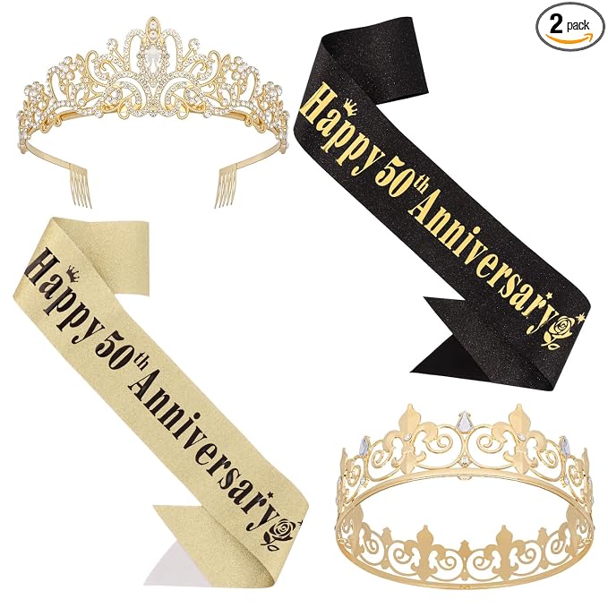 50th Anniversary Decorations Gold Crown and Glitter Sash Set 50th Wedding Anniversary Decorations Gifts for Couple Happy Anniversary Party Supplies for Couple
