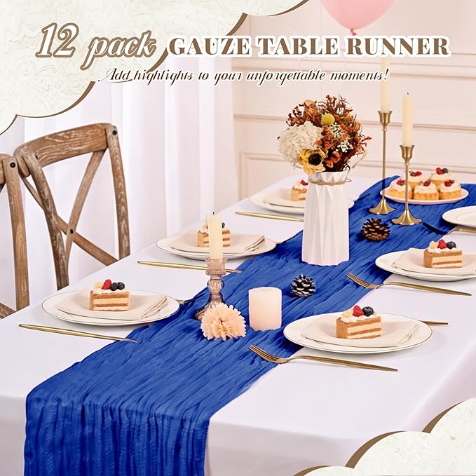 Pesonlook 12 Pack Royal Blue Table Runner, Cheesecloth Table Runner Long Romantic Semi Sheer Rustic Boho Gauze Table Runners for Wedding Bridal Shower Birthday Party Decorations(17.7×108 Inch)