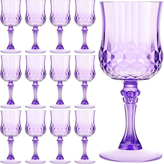 Pinkunn 12 Pcs 7 oz Plastic Vintage Wine Glasses Reusable Colored Goblets Patterned Drinking Water Glasses Cup Dishwasher Safe for Mother's Day Wedding Reception Party Supplies (Purple)