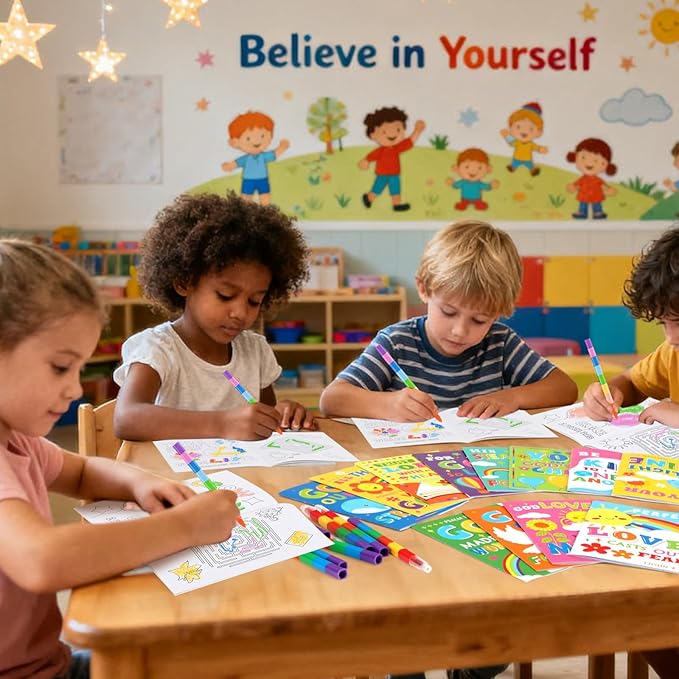 BenLouis 24 Bible Verses Mini Coloring Books Kids with 24 Stacking Crayons Christian Party Favors Activity Books Bulk for Kids Sunday School Religious Church Goodie Bag Gift Stuffer Classroom Reward
