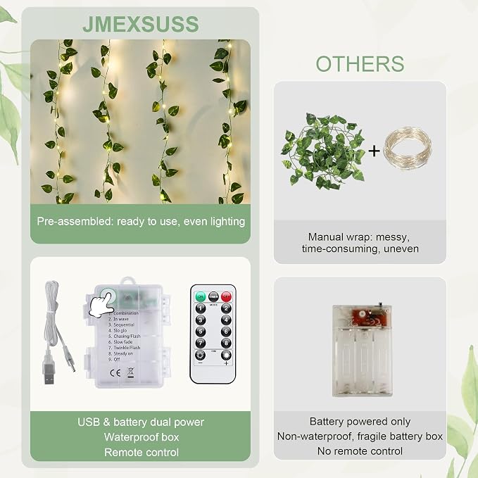 JMEXSUSS 200 LED Vine Lights Battery Operated & USB Powered, Pothos Vines with Fairy Lights Waterproof, Curtain Lights with Remote for Bedroom, Wedding, Dorm, Indoor, Outdoor Decor, 6.5x6.5ft
