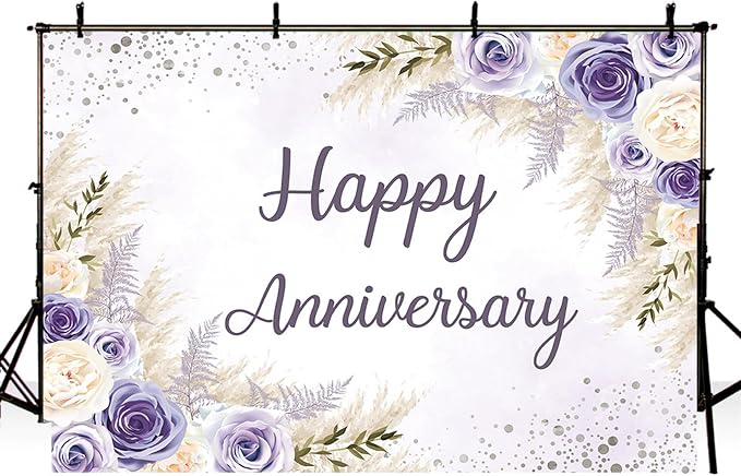 MEHOFOND Boho Happy Anniversary Backdrop Purple Floral Bohemia Pampas Grass Anniversary Banner Cheers to Marriage Wedding Party Decorations Memorial Portrait Photo Booth Background 7x5ft