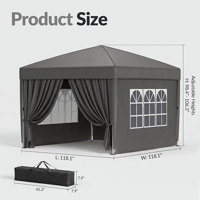 10x10 Pop Up Canopy with Sidewalls, Instant Tent with Carry Bag, Height Adjustable Waterproof Shade Canopy, for Event, Parties, Camping (Grey, 10x10 with Sidewalls)