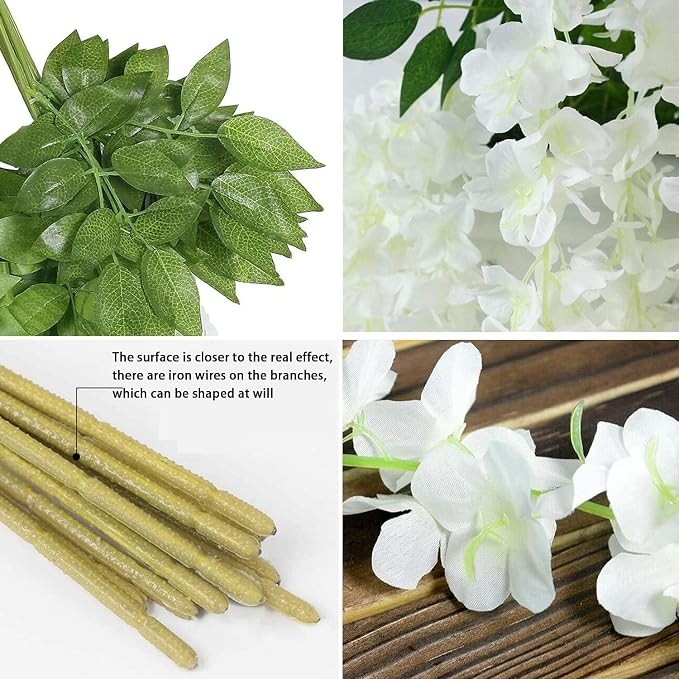 Artificial Wisteria Hanging Flowers, 24pack Fake Flowers White Wisteria Vine Ratta Garland Silk Flowers for Wedding Arch Party Garden Home Decor (24)
