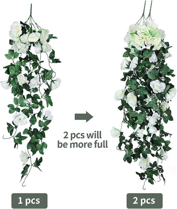 RECUTMS Artificial Plants Hanging 2Pieces 3.3Ft Rose Plant Flowers Vines Wedding Home Office Arch Arrangement Decoration (White)