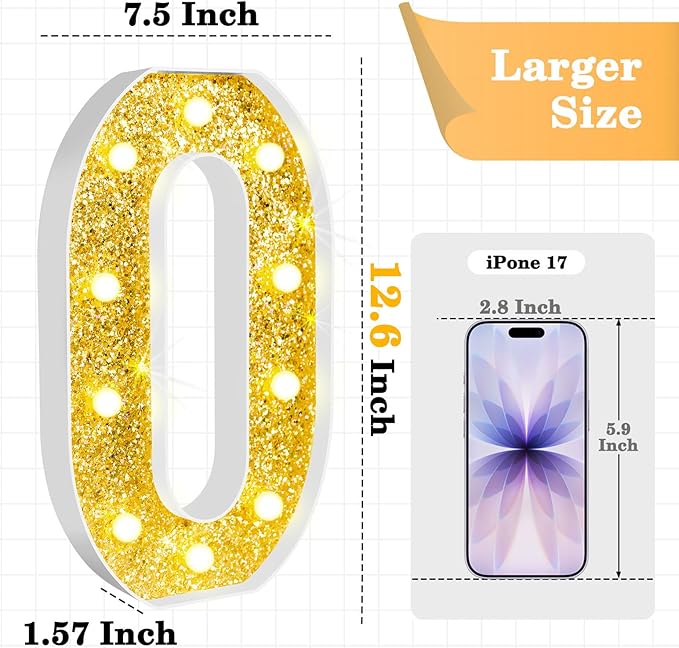 12.6 Inch LED Gold Marquee Light Up Numbers, 60th Birthday Decorations Number Lights as Gifts for Women Men, Glitter Lighted Marquee Numbers for Golden Anniversary Party Table Decor, 60